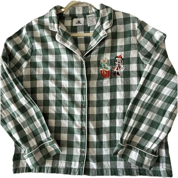 Disney Gingham Minnie Pajama Top Flannel Embroidered Vacay Lounge Womens L - Picture 1 of 9